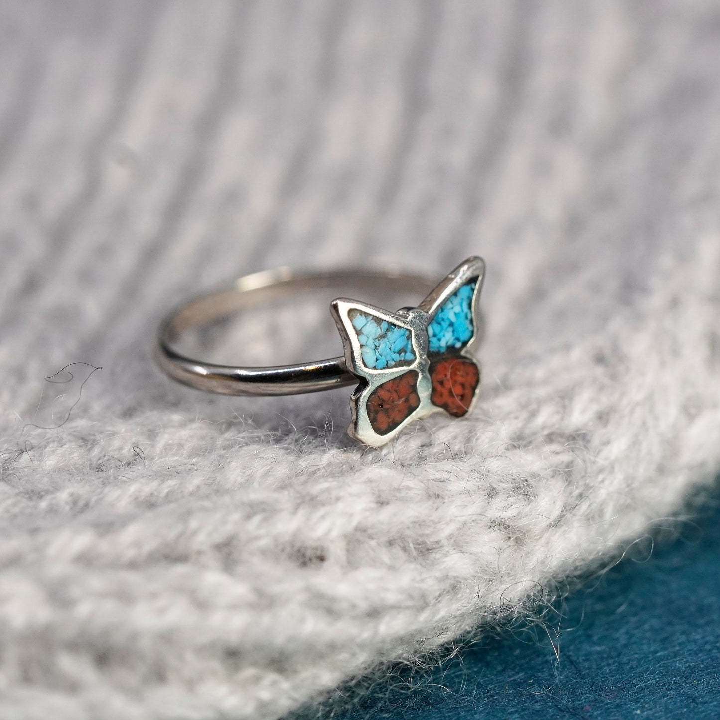 Size 4.25, Native American sterling silver ring, 925 butterfly turquoise coral