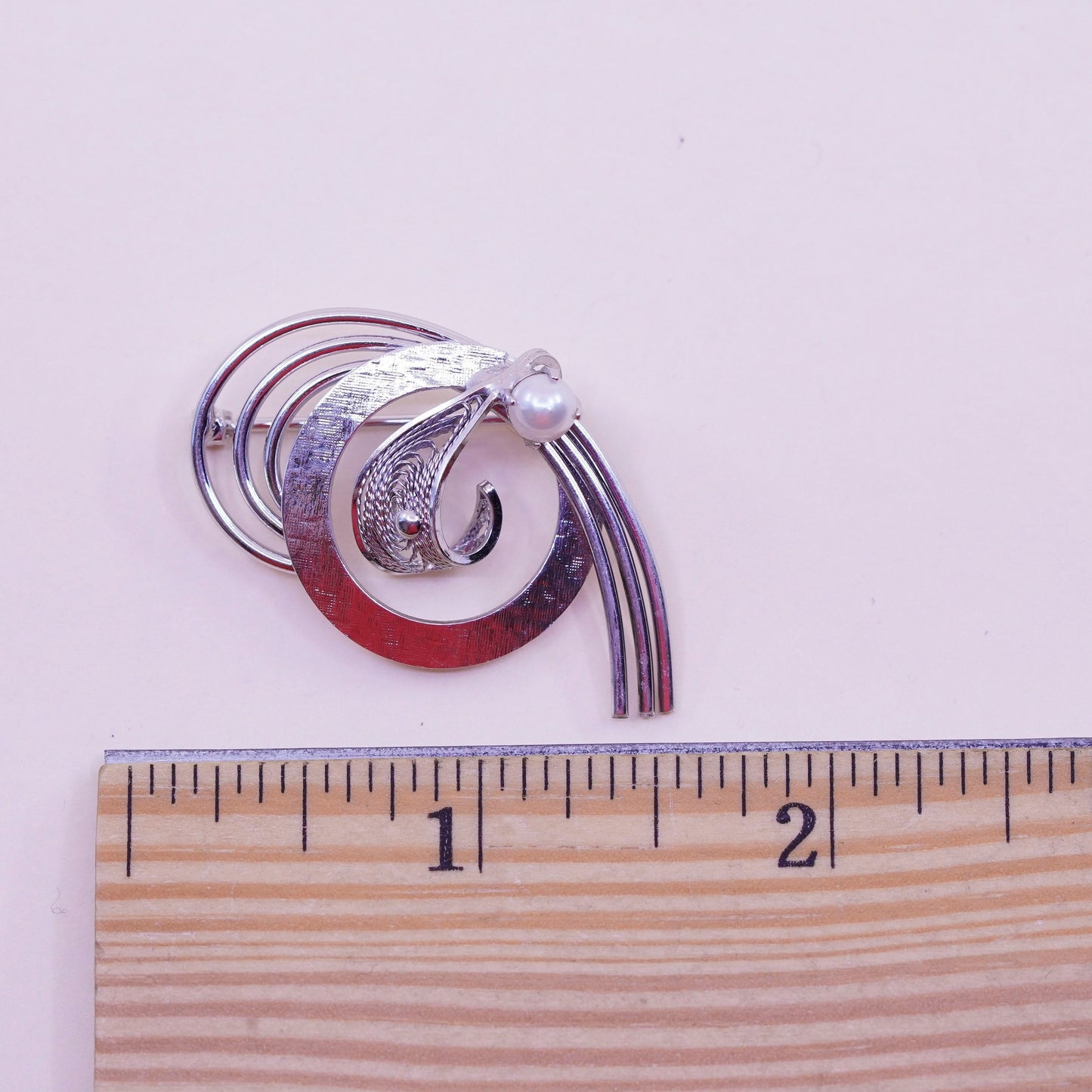 1950s vintage Sterling silver handmade brooch, 925 filigree brooch with pearl