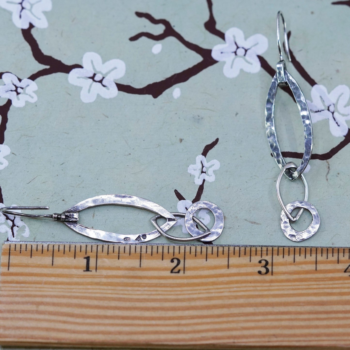 Vintage Silpada handmade Sterling Silver hammered marquise shaped Hoop Earrings