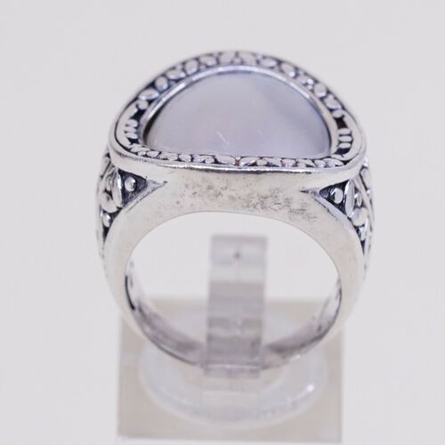 Sz 7.5, Vtg CNA Indonesia Sterling Silver Handmade Cocktail Ring w/ Mop N Bali