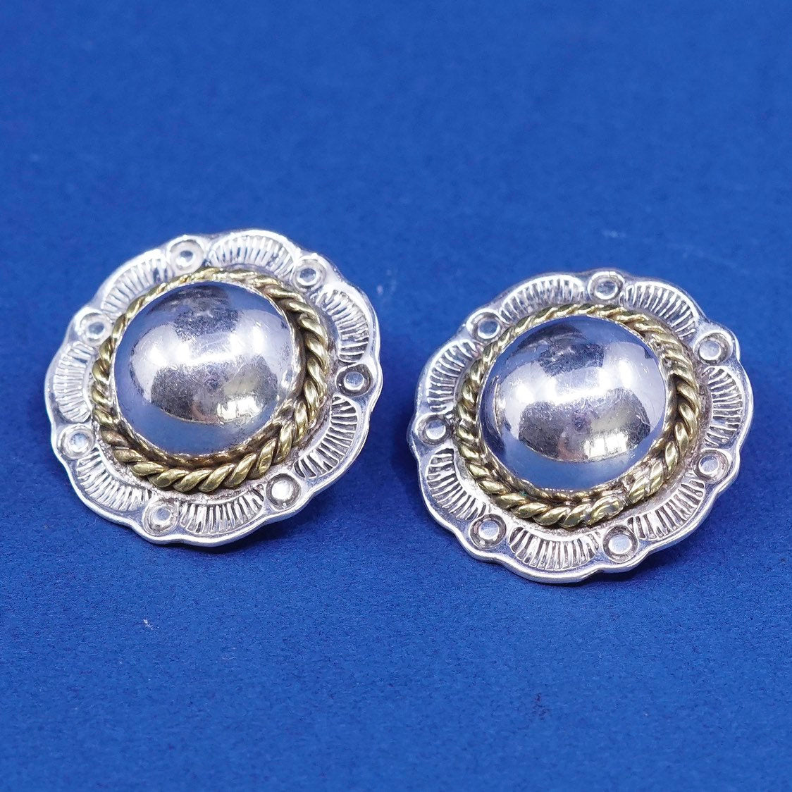 two tone Sterling silver handmade earrings, 925 flower clip on w/ brass cable