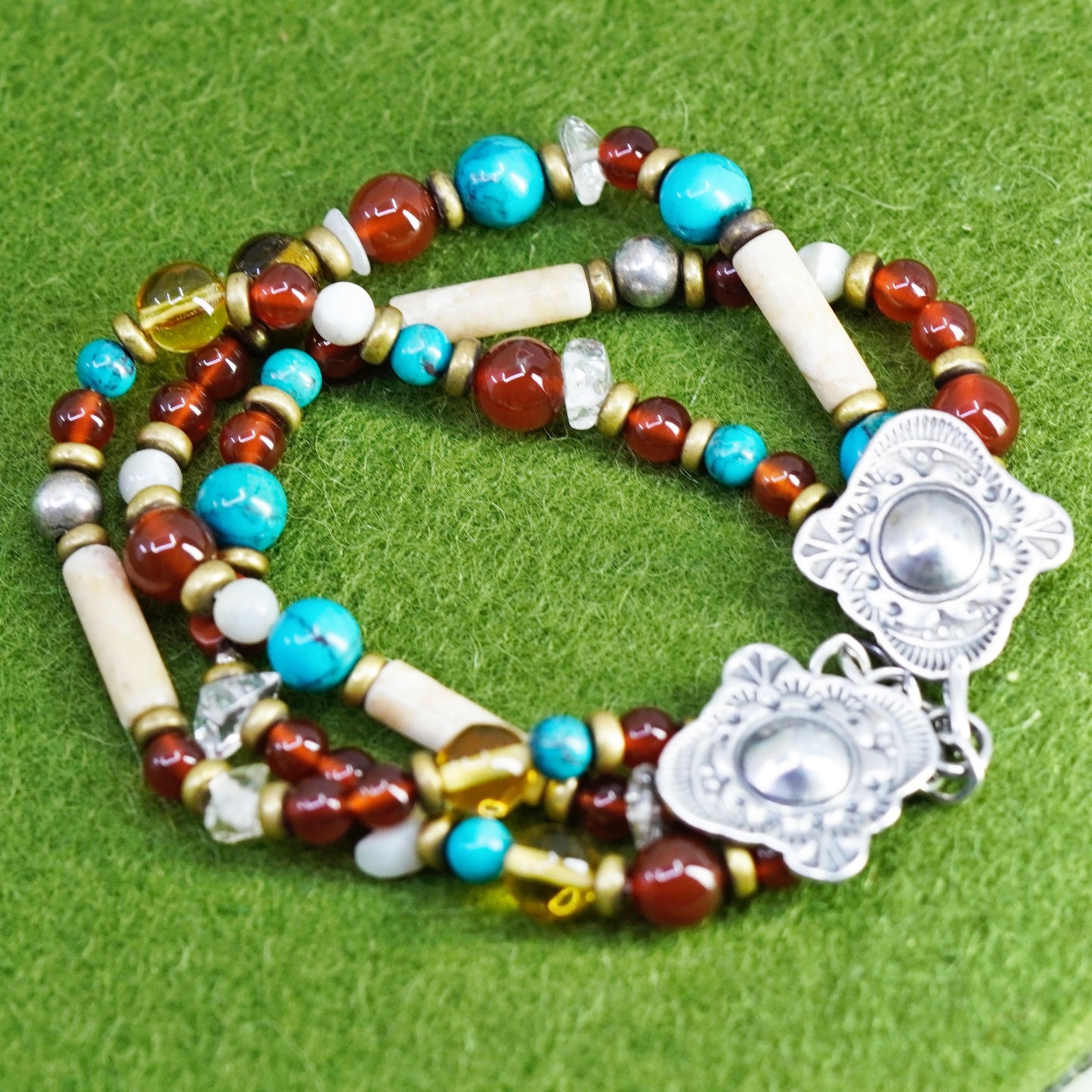 5.5+1”, southwestern 925 Sterling silver bracelet garnet beads jasper turquoise