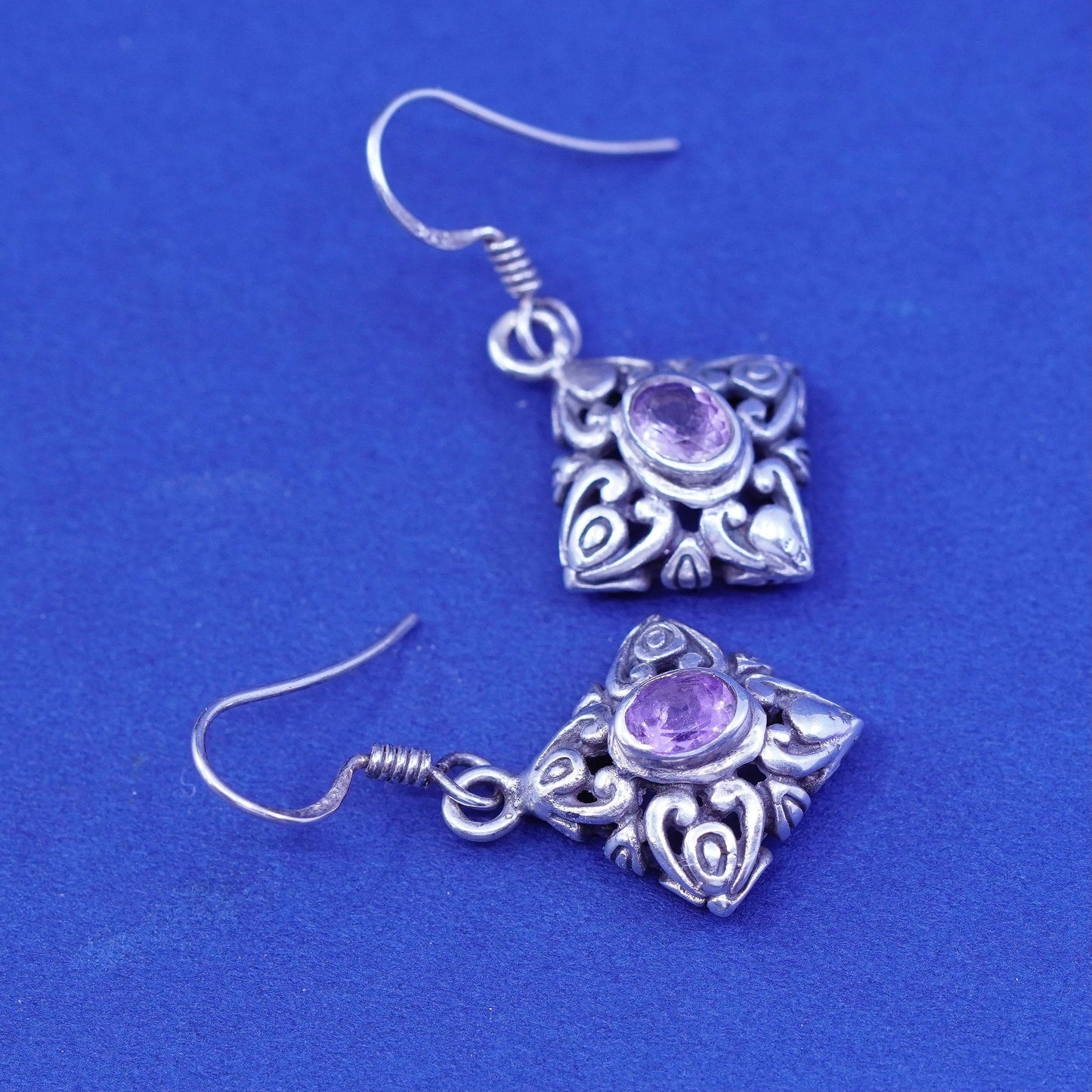 sterling silver handmade earrings, bali 925 filigree diamond drops amethyst