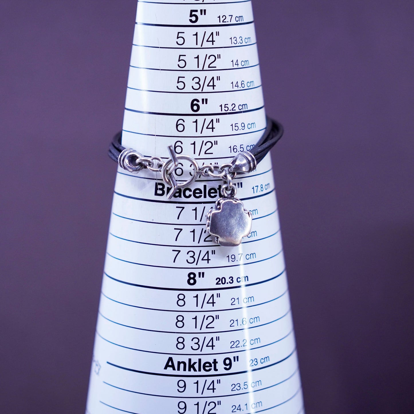 6.75”, Sterling 925 silver bracelet, multi strands leather chain cross charm