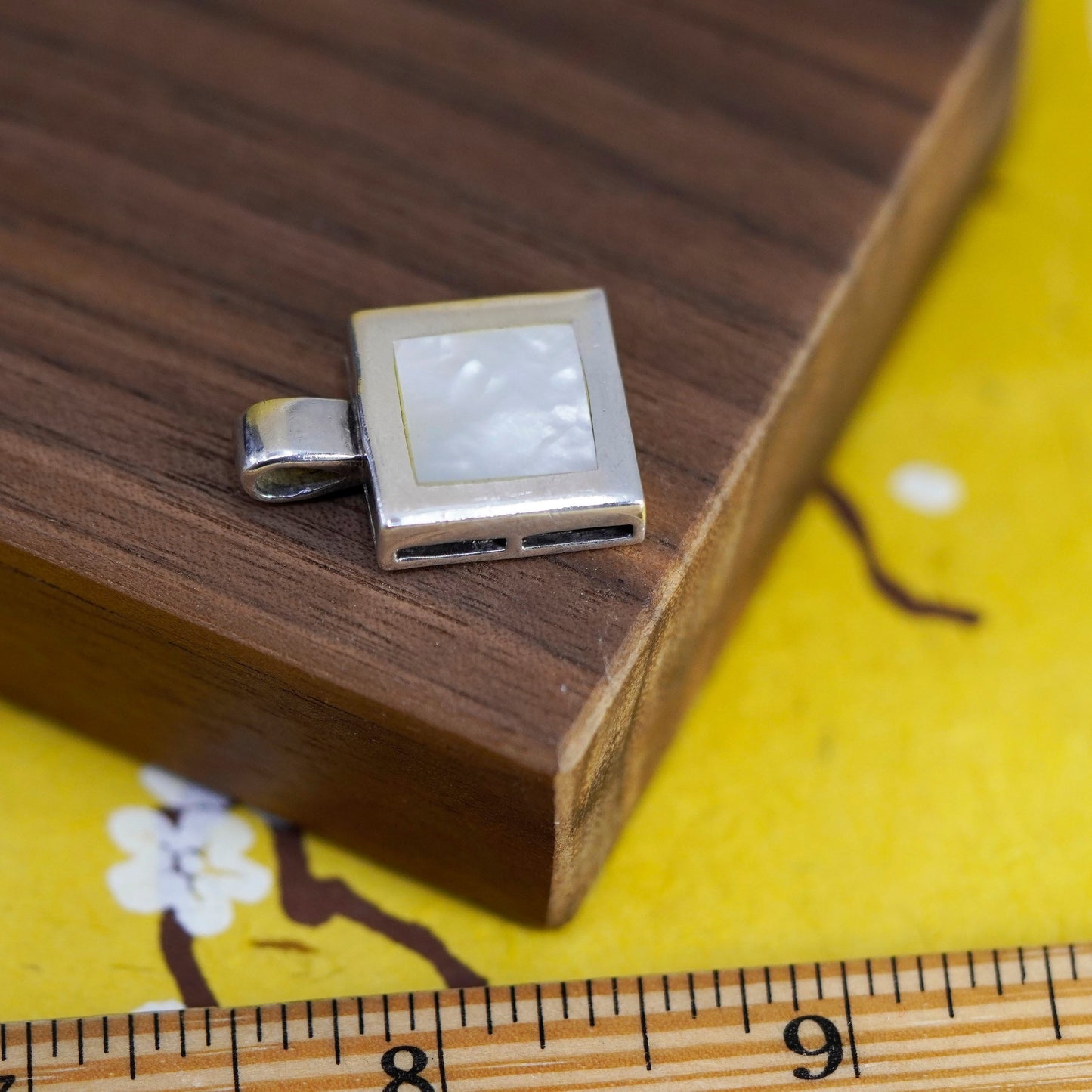 Vintage Sterling 925 silver handmade square pendant with mother of pearl