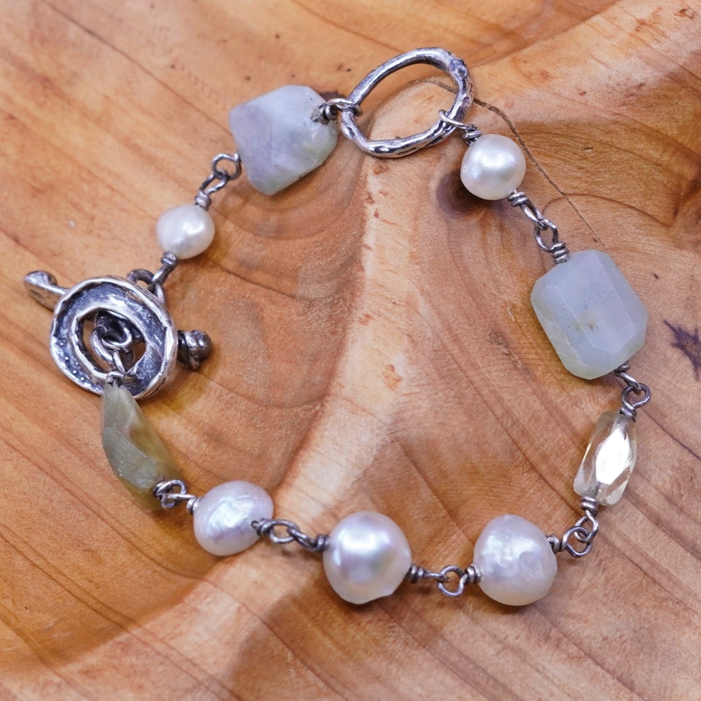6.5”, Vintage Sterling 925 silver handmade bracelet with jade and pearl