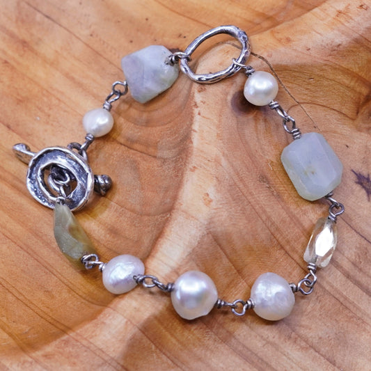 6.5”, Vintage Sterling 925 silver handmade bracelet with jade and pearl