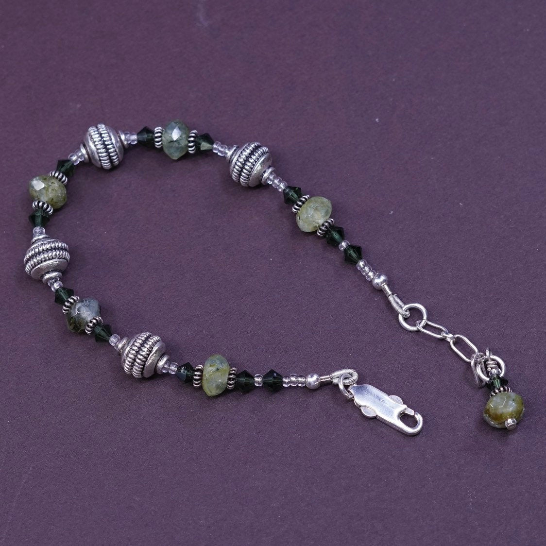 7"+1”, vtg Sterling silver handmade chain, jade beads bracelet