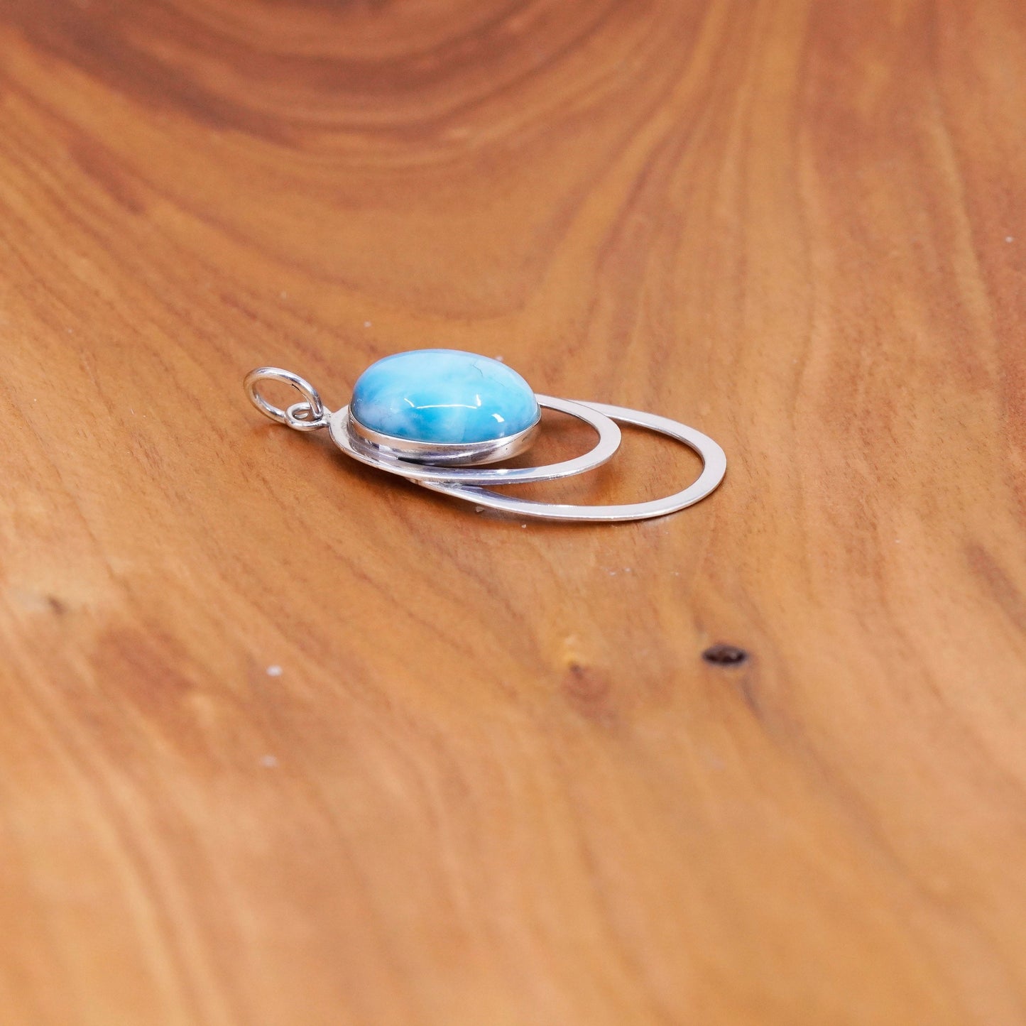 Vintage Sterling silver handmade pendant, 925 double circle with oval Larimar