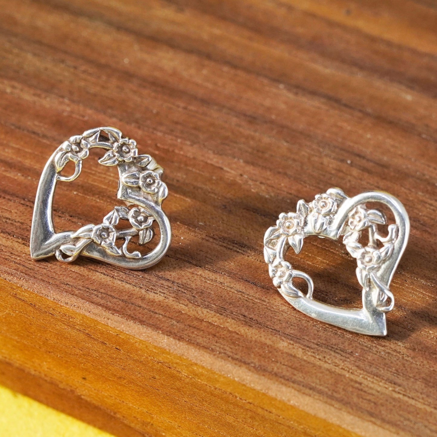 Vintage Sterling silver handmade earrings, floral textured 925 heart studs