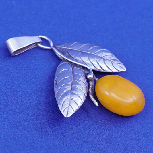 Vintage Sterling 925 silver handmade leaves pendant with amber