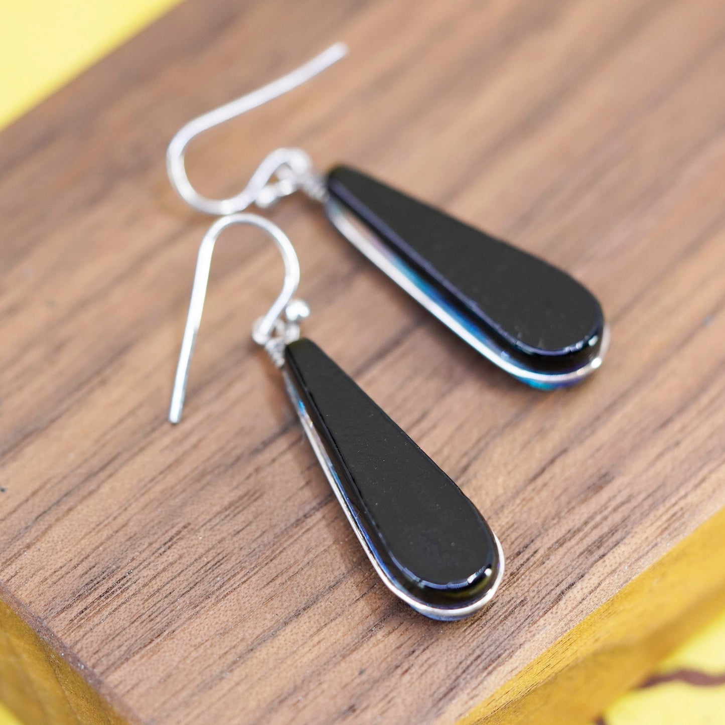 Vintage Sterling silver handmade earrings, 925 blue teardrop foiled glass
