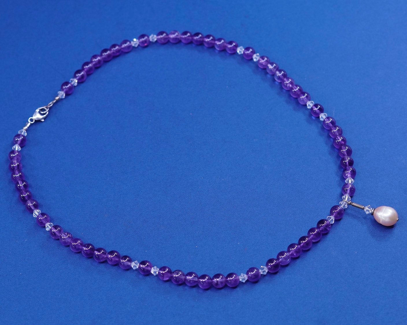 18”, Sterling silver necklace, 925 circle chain w/ amethyst beads pearl pendant