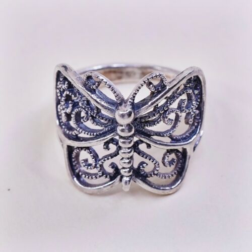 Sz 6.25 Vtg Sterling Silver Handmade Ring, 925 Silver Band W/ Filigree Butterfly