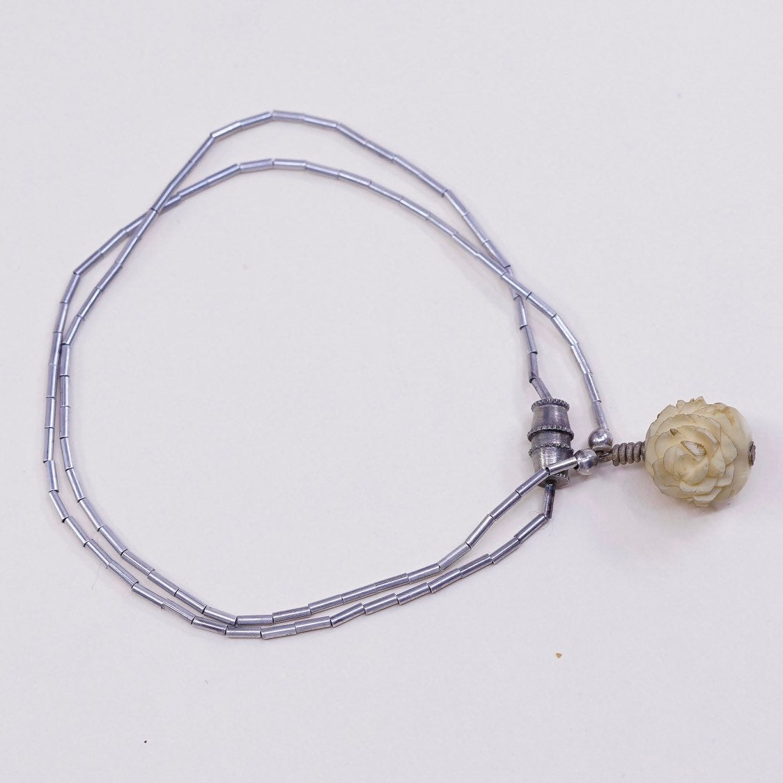 16", vtg sterling liquid silver Handmade chain w/ craved flower bone pendant