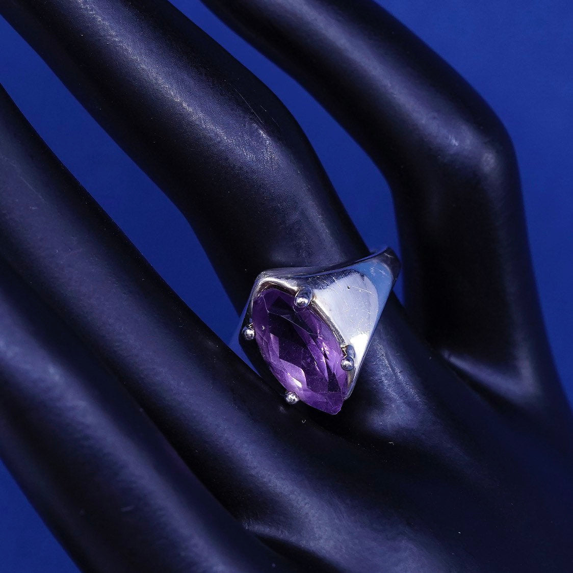 sz 6.25, vtg OTO Sterling silver handmade ring, 925 w/ Marquise amethyst ring
