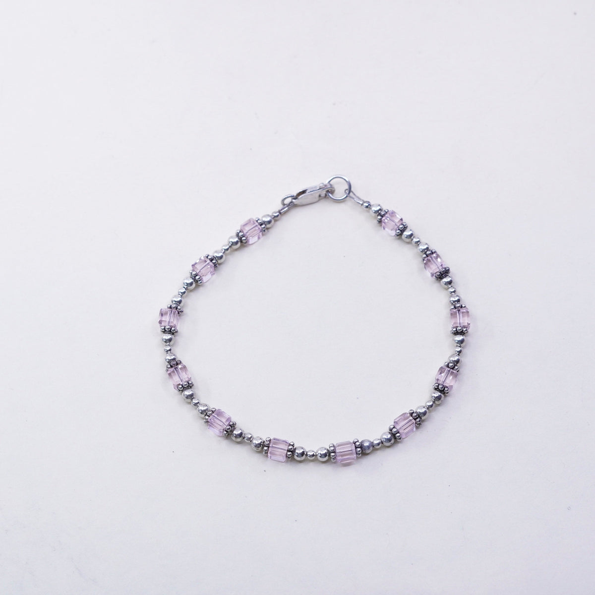 7.5”, Vintage Sterling 925 silver bracelet with pink crystals beads