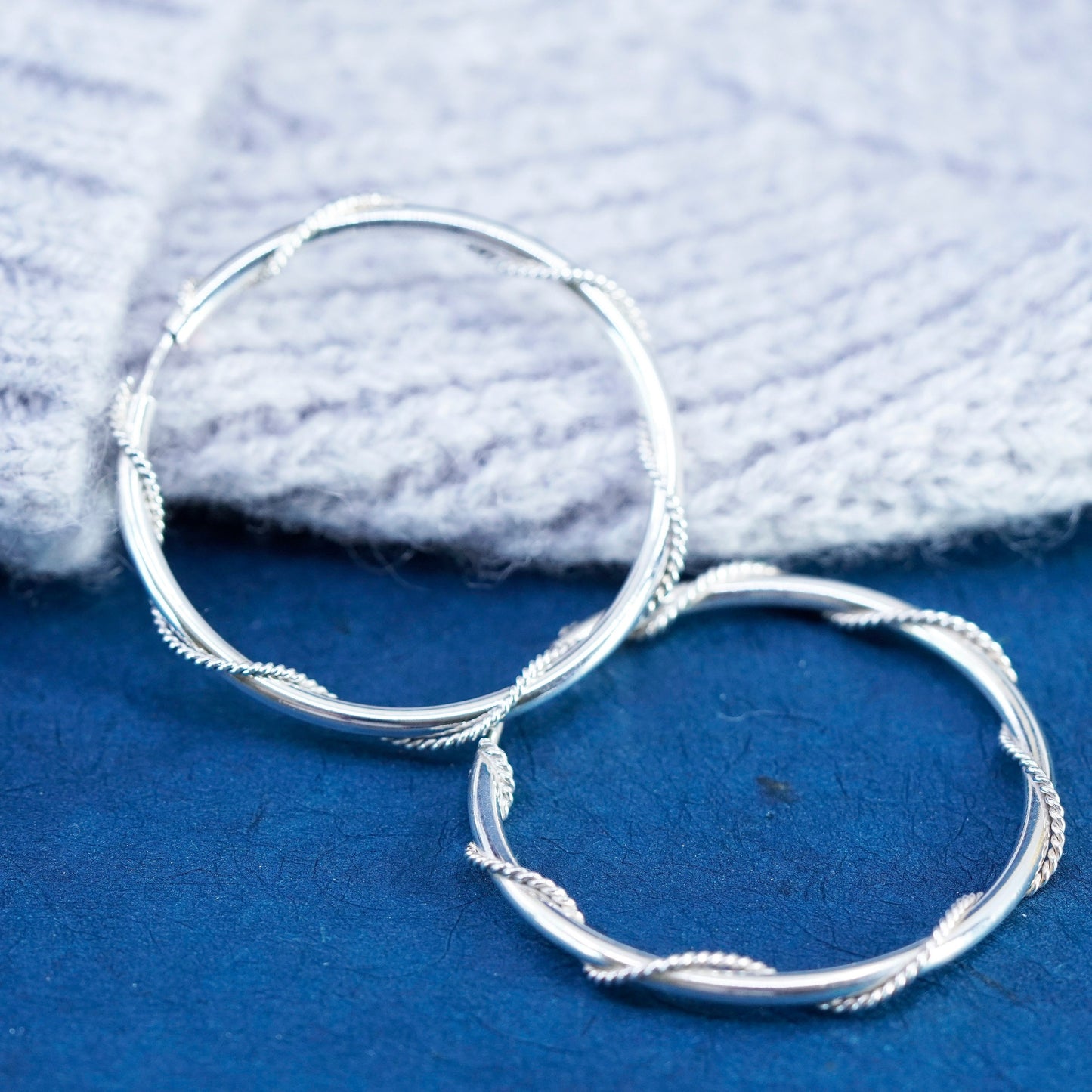 1.5”, vintage Sterling silver handmade hoop, 925 earrings with cable around