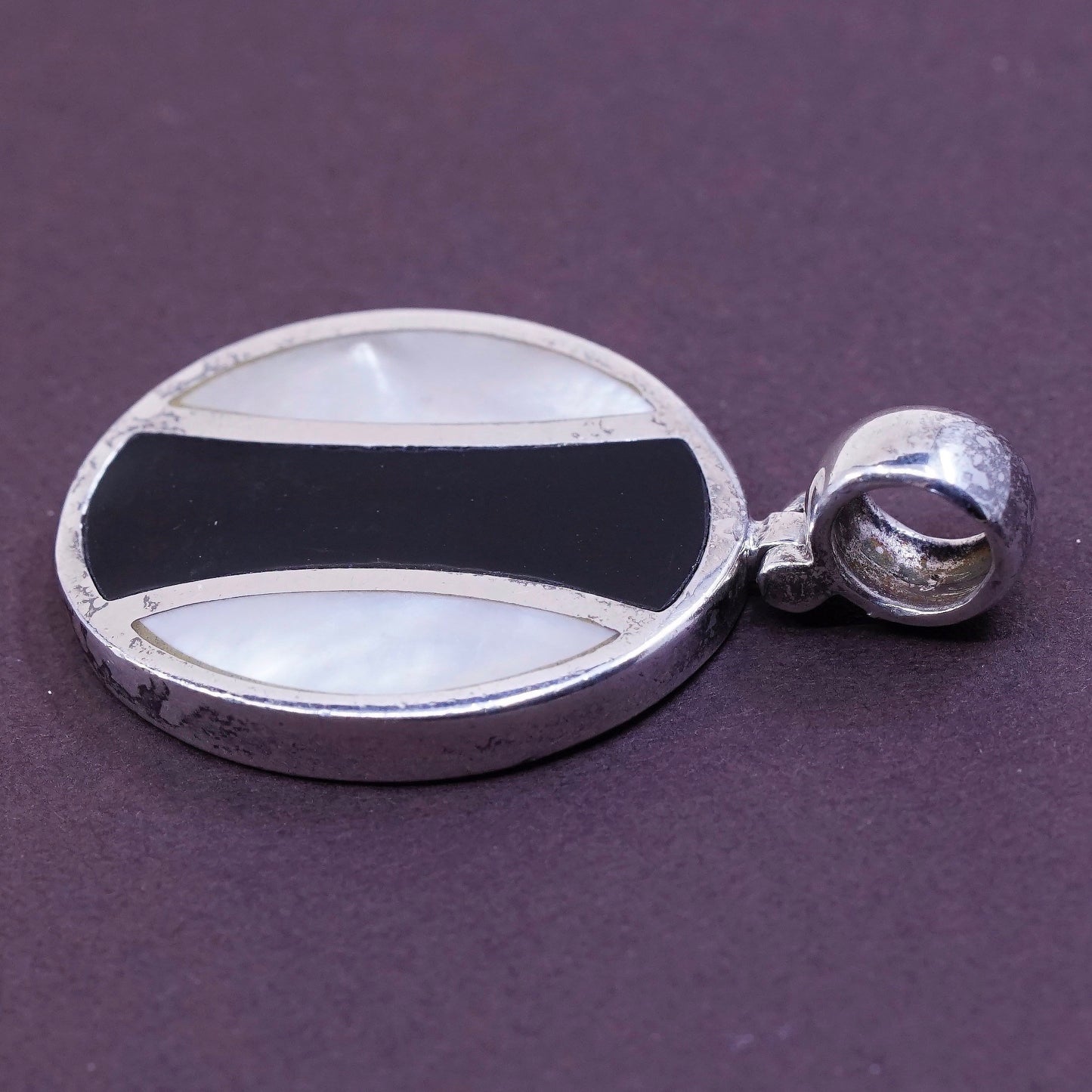 vtg Sterling 925 silver pendant with obsidian and mother of pearl