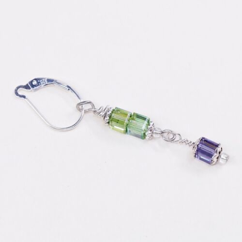 Vtg STERLING 925 SILVER Handmade earrings with Green Crystal dangles