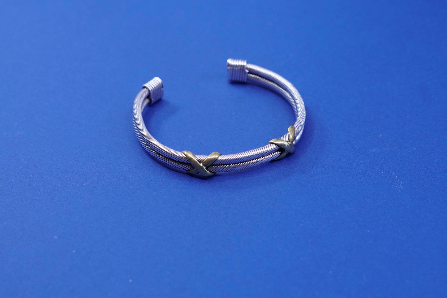 7”, sterling silver handmade bracelet, 925 twisted cable cuff with copper cross