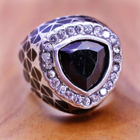 Size 8, vintage Sterling 925 silver handmade stackable ring with obsidian inlay