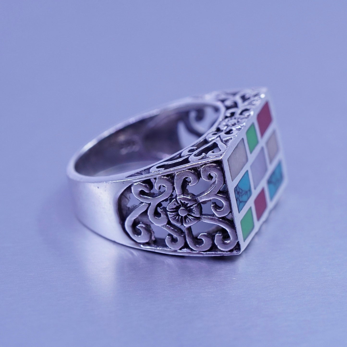 Size 9, vtg Sterling 925 silver handmade ring mother of pearl turquoise onyx