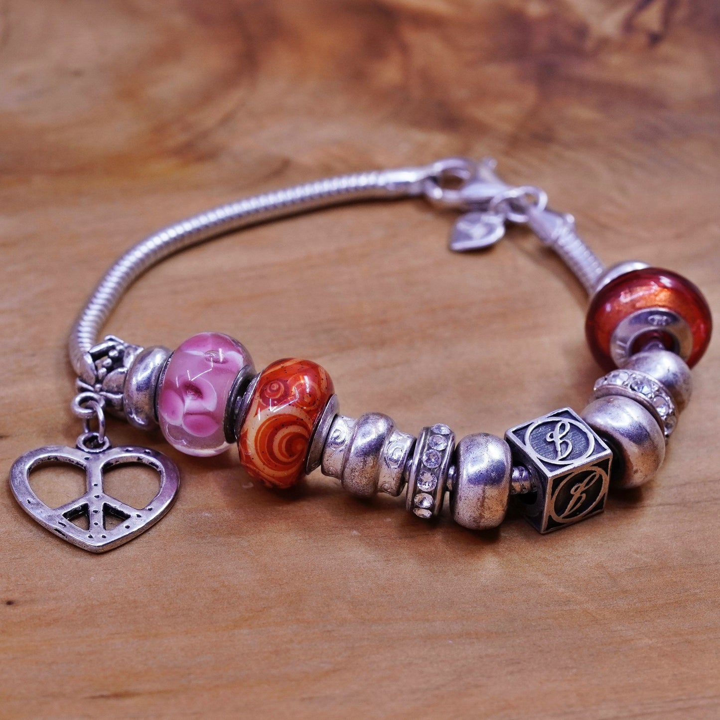 6.5”, sterling silver bracelet, 925 snake chain murano glass initial J beads