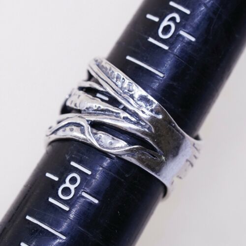 Sz 7, Vtg Israel Sterling Silver Handmade Ring, 925 Leaves Band W Cz