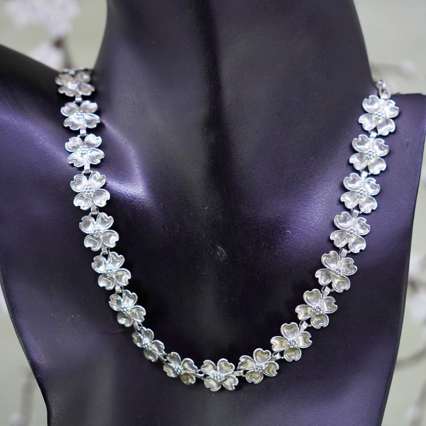 12+4”, sterling 925 silver necklace, dogwood flower link chain choker collar