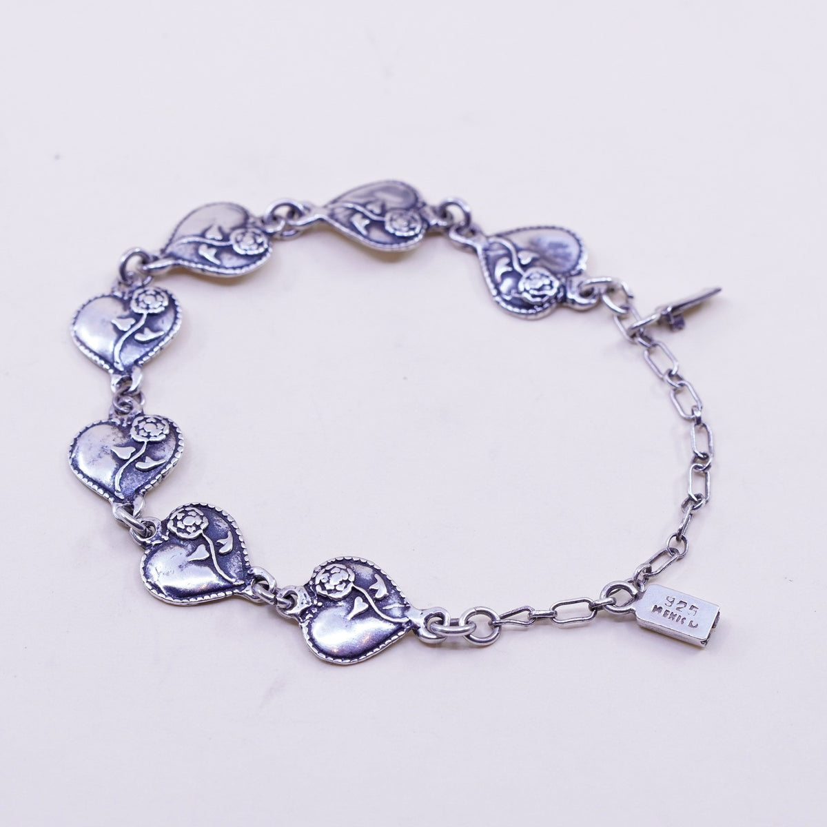 7.5”, Vintage sterling silver handmade bracelet, 925 heart chain with flower