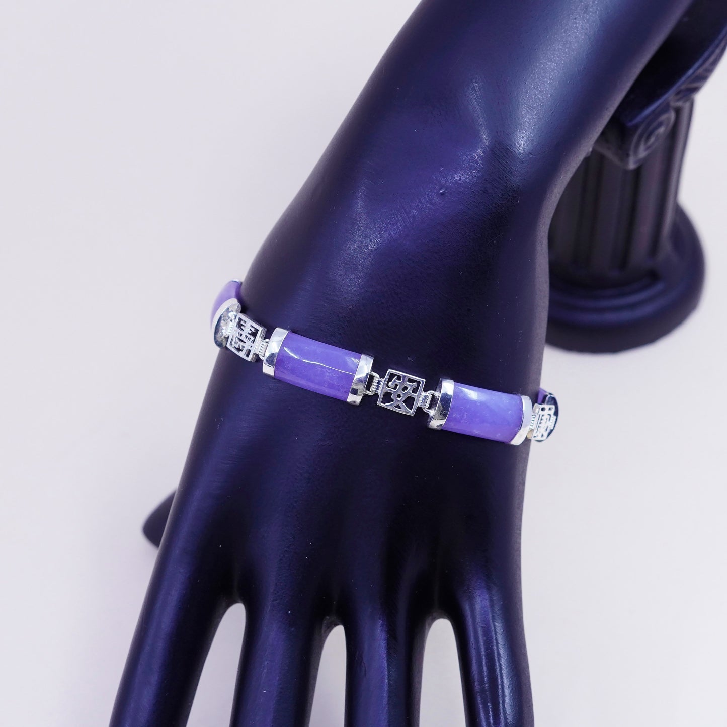 7.25”, vtg sterling 925 silver handmade bracelet purple jade Chinese characters