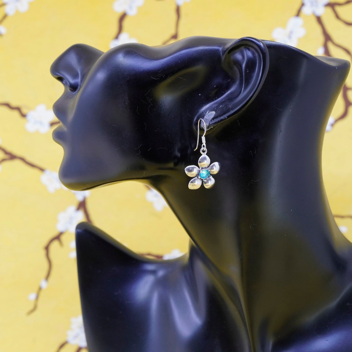 Vintage Sterling silver handmade earrings, 925 plumeria flower blue crystal