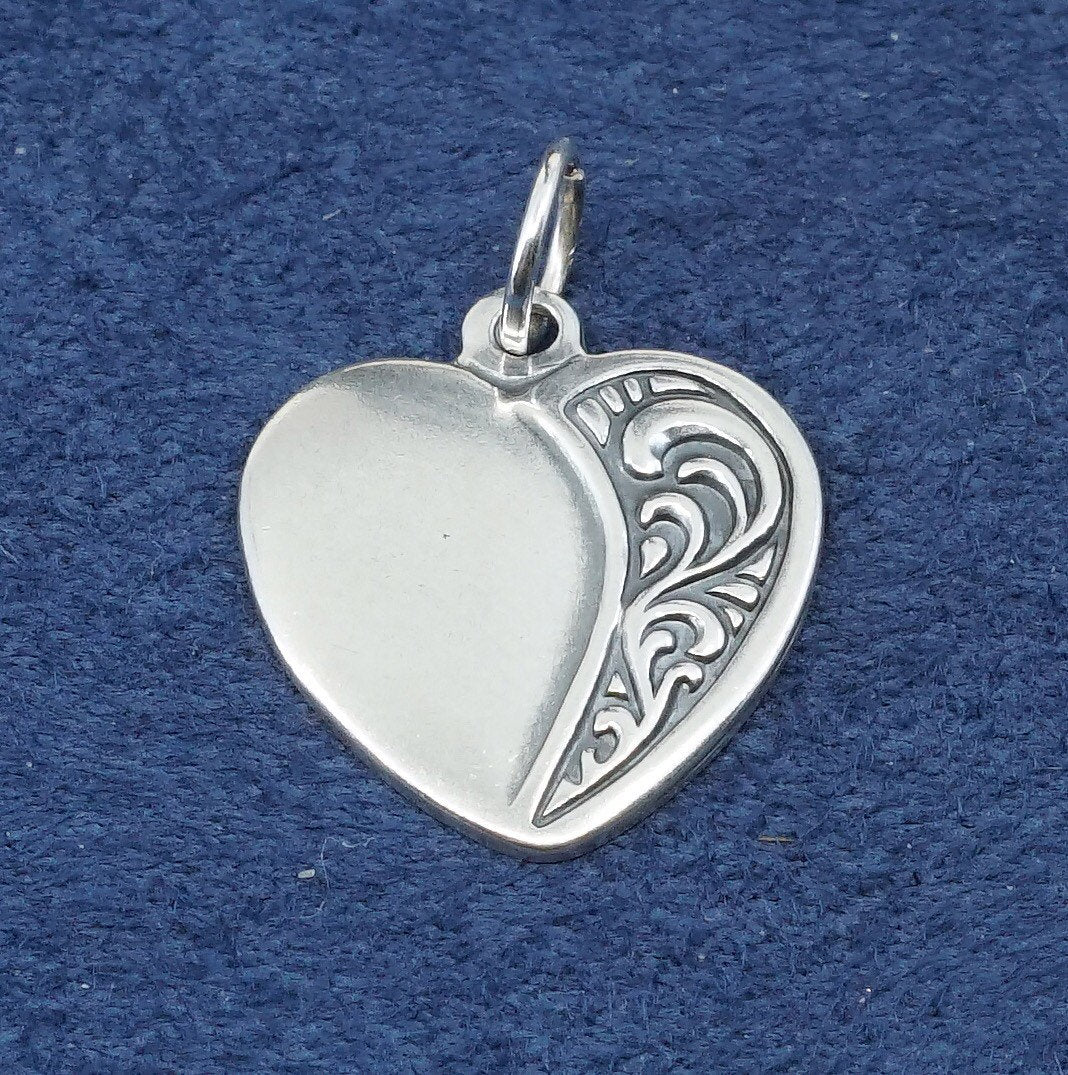 vtg sterling silver handmade pendant, 925 textured heart tag charm