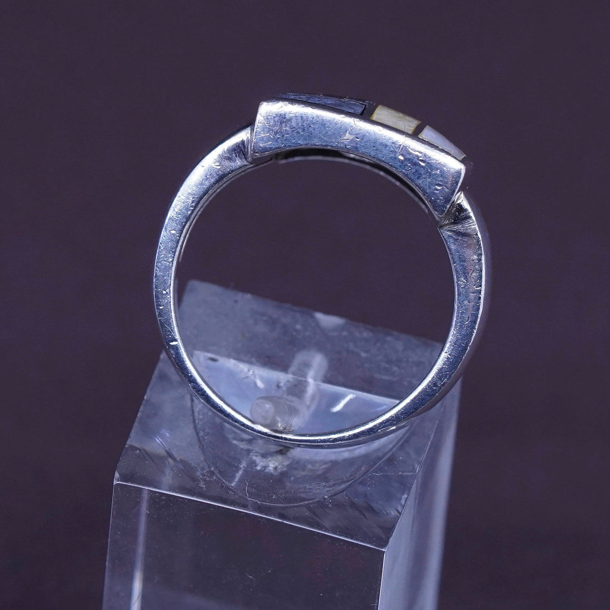 Size 7, vtg Sterling 925 silver handmade ring w/ obsidian N mother of pearl