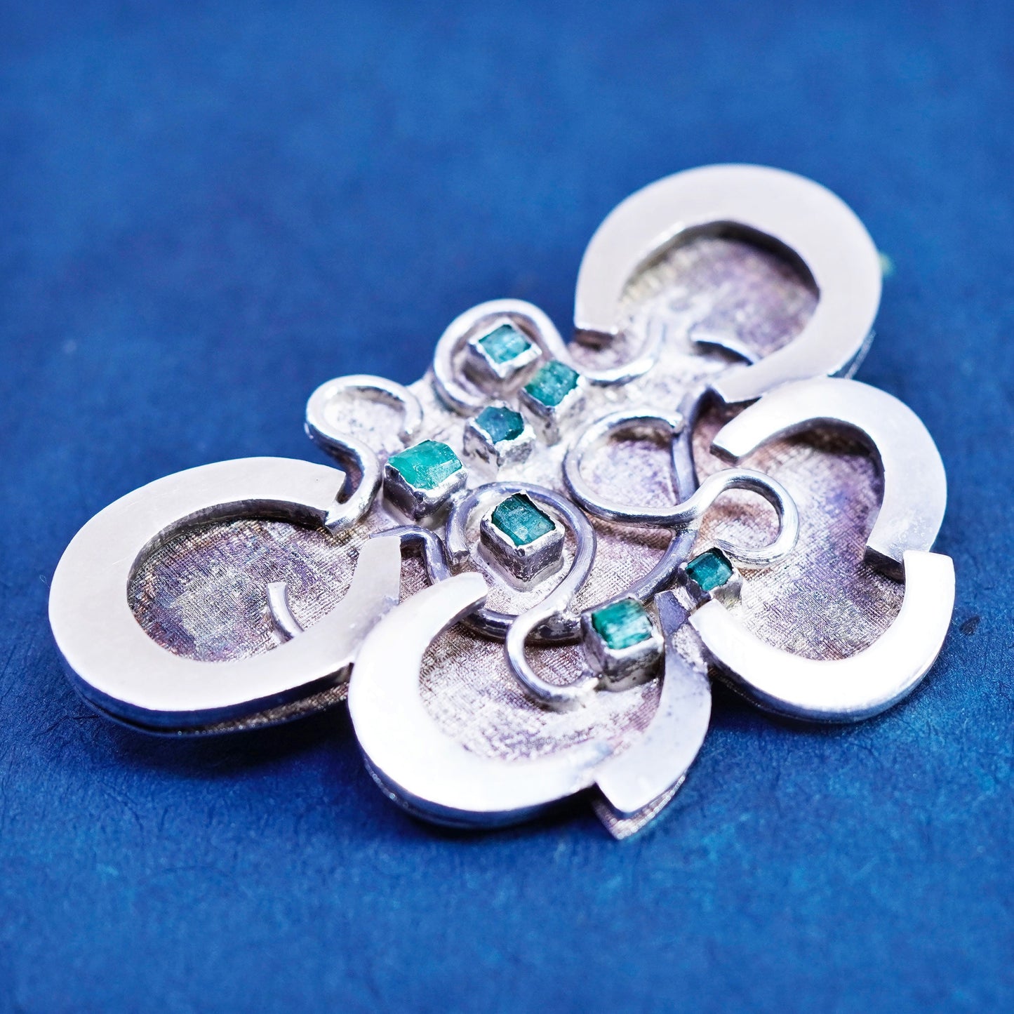 Vintage sterling silver handmade butterfly brooch, 925 pin pendant and emerald
