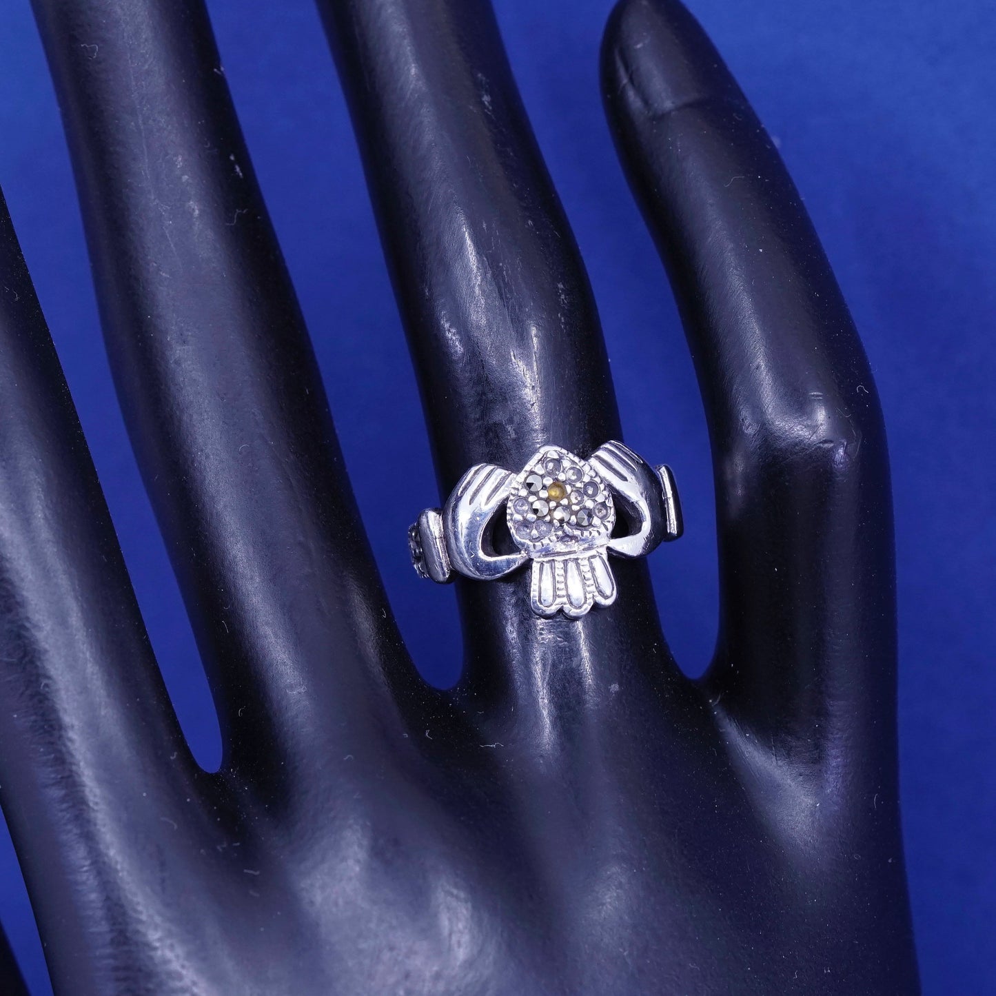 sz 5.5, irish sterling silver claddagh ring holding heart 925 band w/ Marcasite