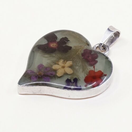 Vintage Sterling Silver Handmade Pendant, 925 Silver Heart With Resin Flower