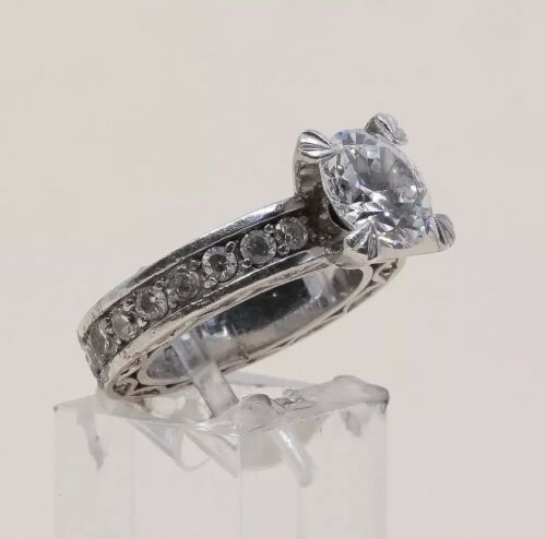 Sz 7, Vtg Sterling Silver Ring, 925 Silver Engagement Ring W/ Crystal