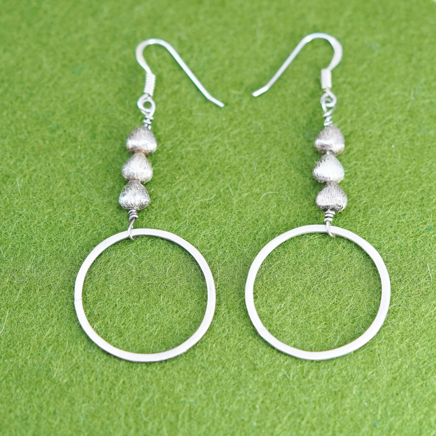 Vintage sterling silver handmade earrings, 925 matte circle dangles with beads