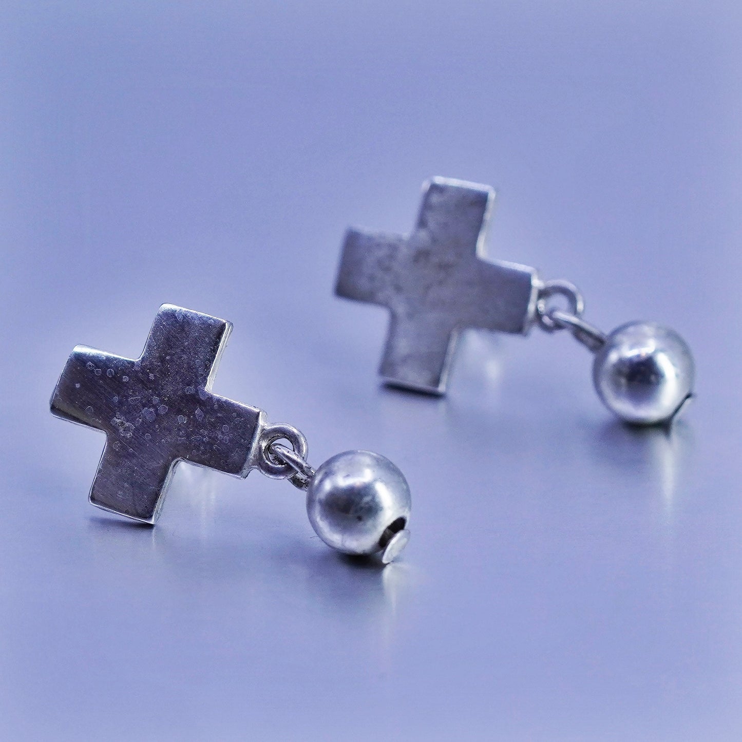 Vintage Sterling 925 silver handmade earrings, cross studs with beads