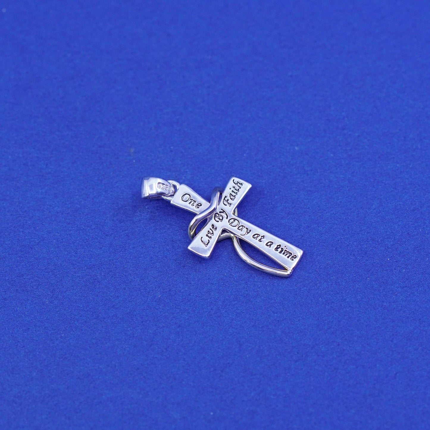 Sterling silver prayer pendant, 925 cross w/ heart and engraved “live by faith