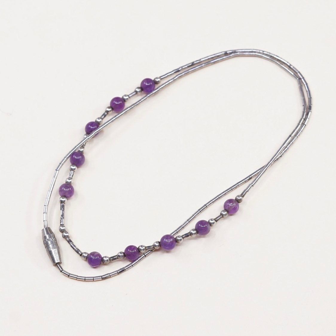 16", Sterling silver handmade necklace, 925 liquid chain with amethyst beads