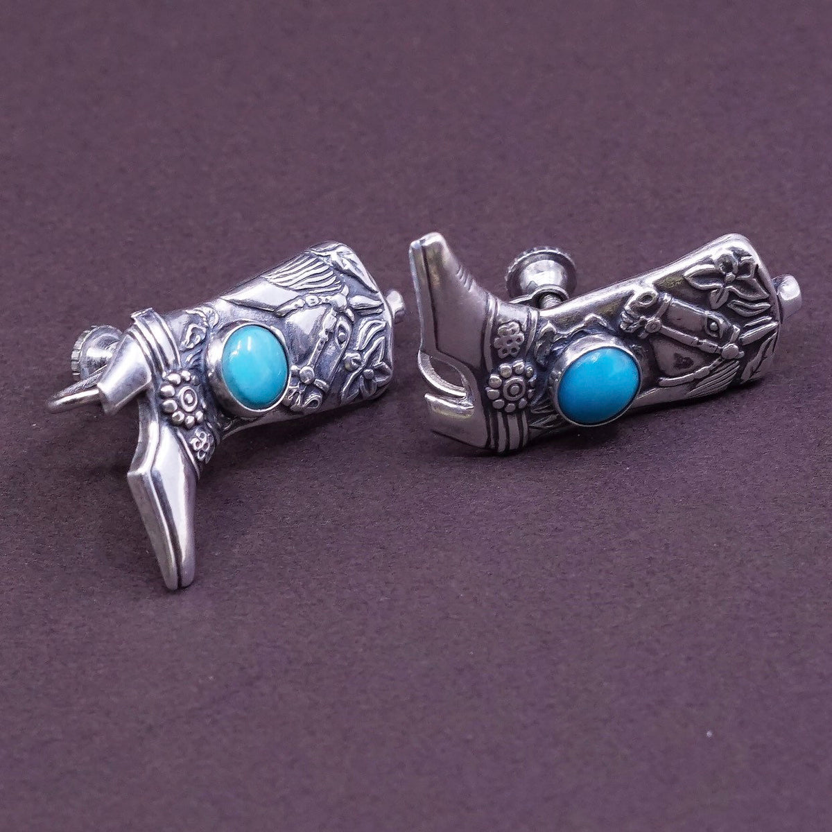 Native American Sterling silver screw earrings Navajo 925 westerner riding boot