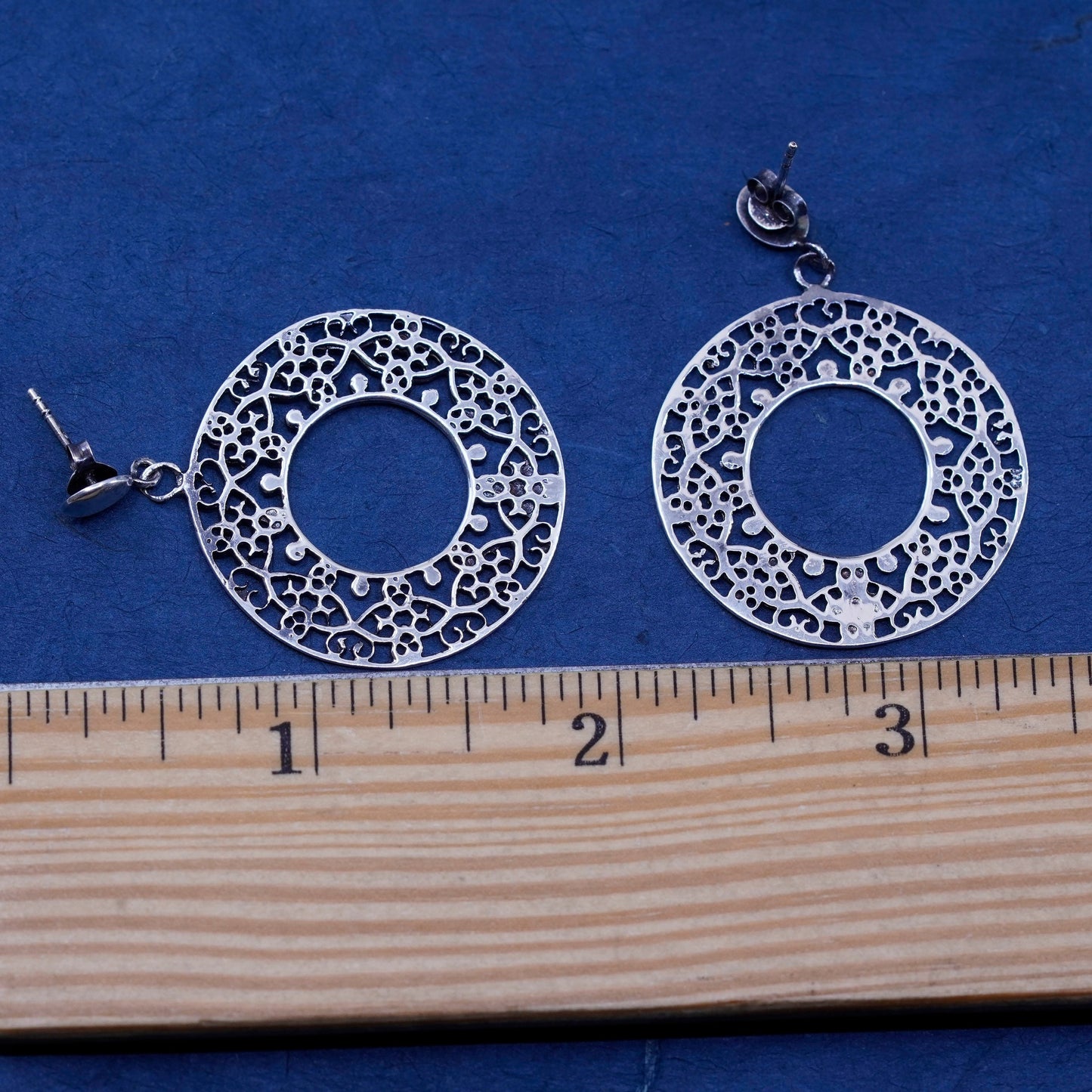 Vintage Sterling silver handmade earrings, 925 Bali filigree circle drops