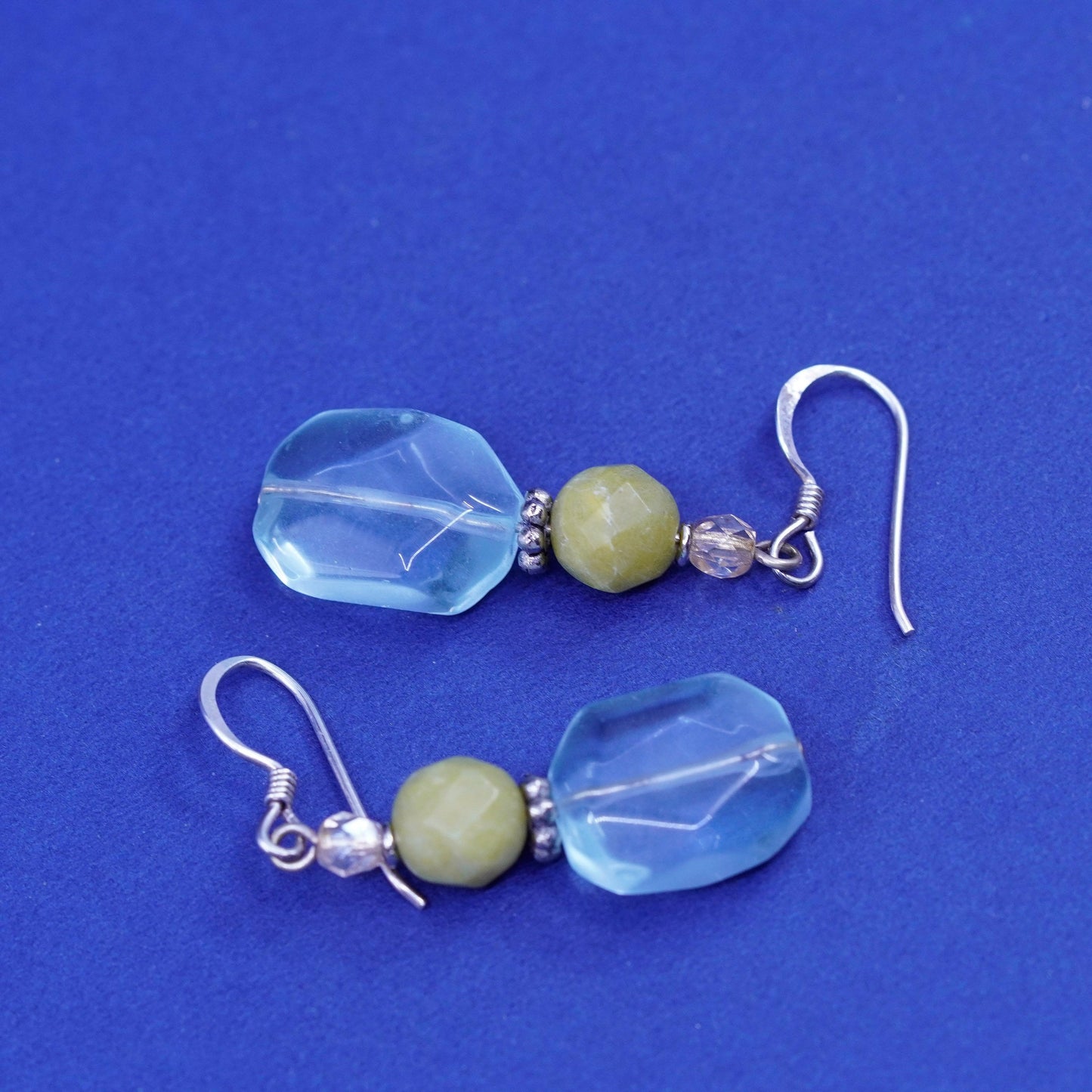 Vintage Sterling 925 silver handmade earrings with blue crystal and jade bead