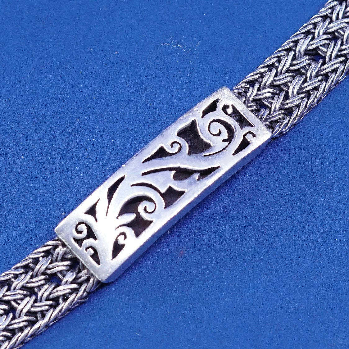 6.5”, vtg Sterling silver handmade bracelet, 925 wheat chain w/ swirl bar