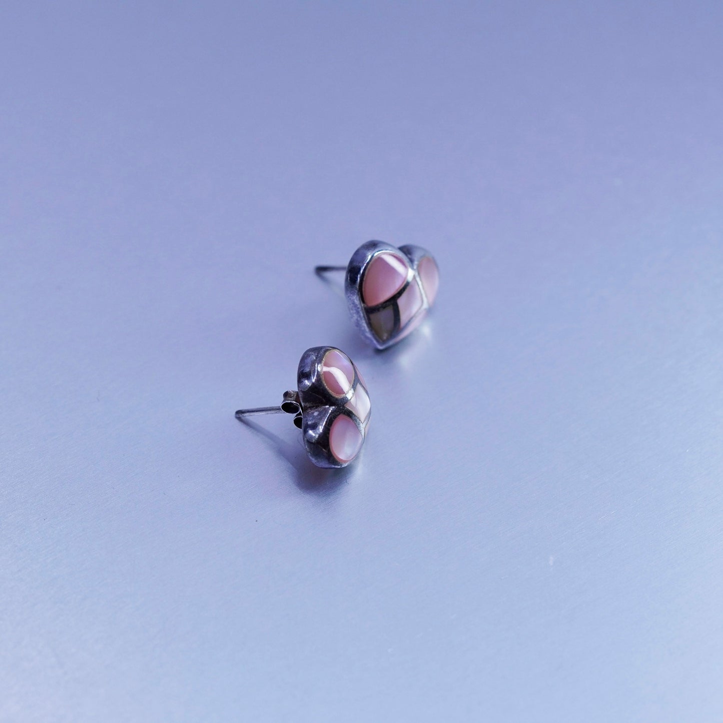 Vintage Sterling 925 silver earrings, heart studs with pink mother of pearl