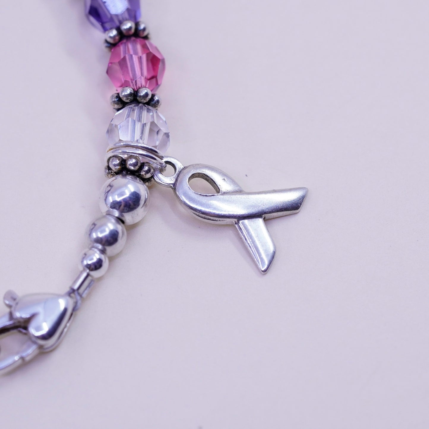 7”, Vintage sterling silver bracelet, 925 beads chain crystal ribbon bow charm