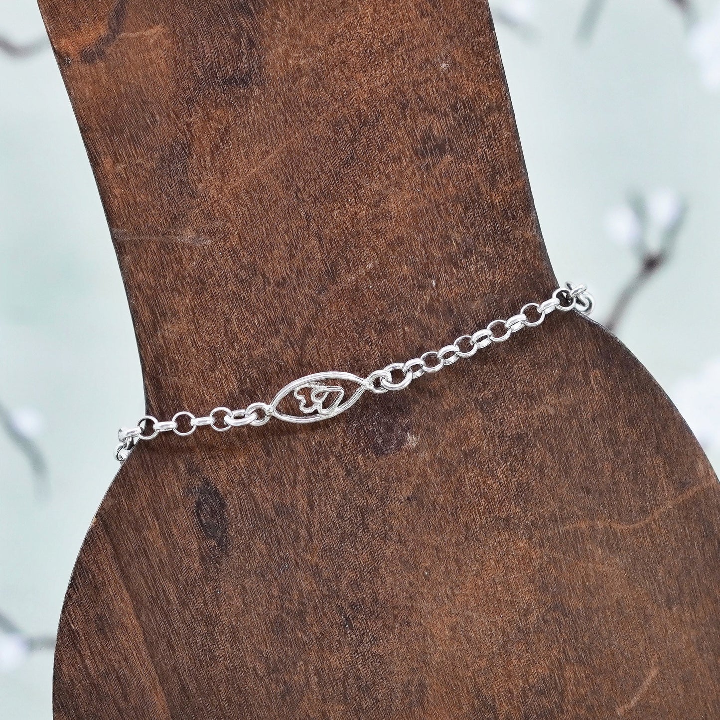 7”, 2mm, Vintage sterling 925 silver circle link charm bracelet